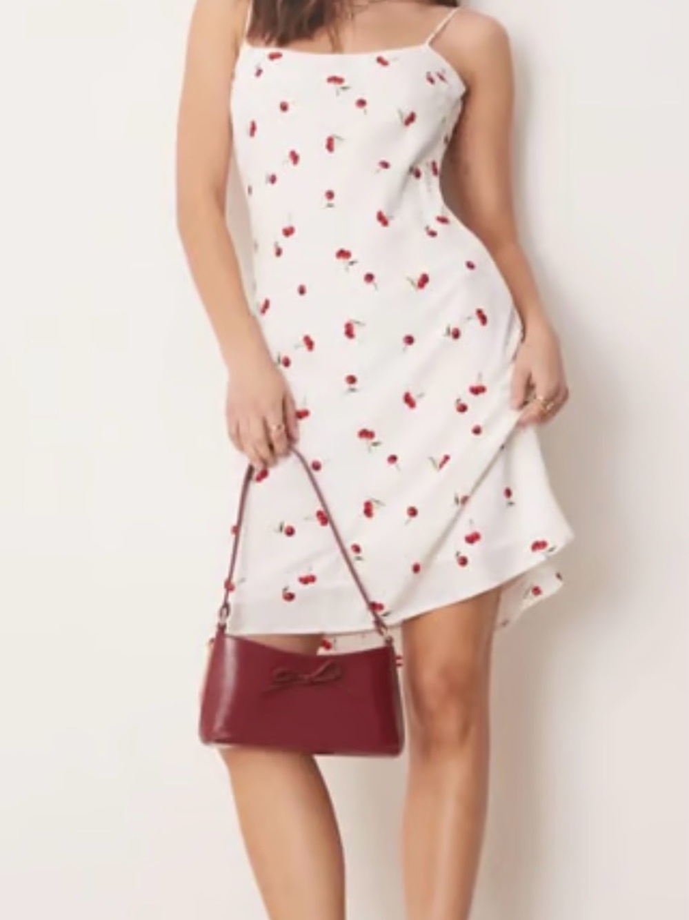 Abercrombie & Fitch Cream Slip Midi Dress with Red Cherry Print